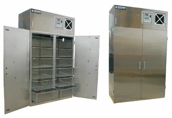 Stainless steel storage cabinet with shelves.