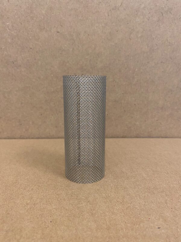 Silver cylindrical wire mesh filter.