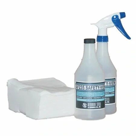 Cleaning wipes, spray bottles, safety solution.