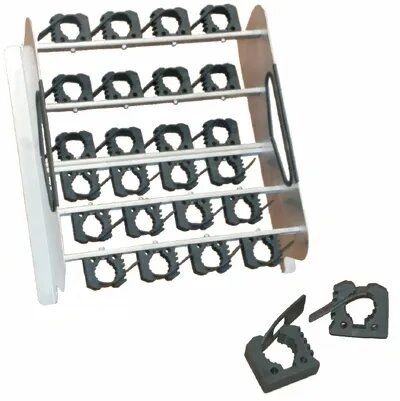 Here's an alt tag for the image: Rack of black plastic clamps.