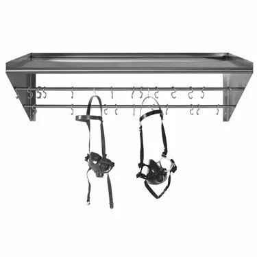 Here's an alt tag for the image: Stainless steel wall rack with hooks.